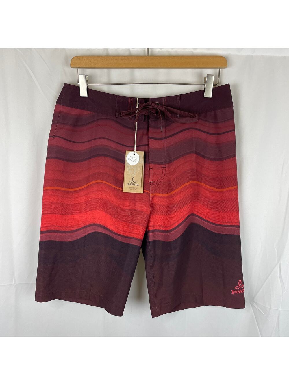 Prana Sediment Board Shorts Red Tie Waist UPF 30+ Surf 10" Inseam Size 30